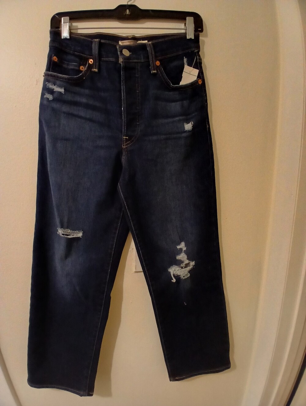 Dark Wash Distressed Straight-Leg Jeans